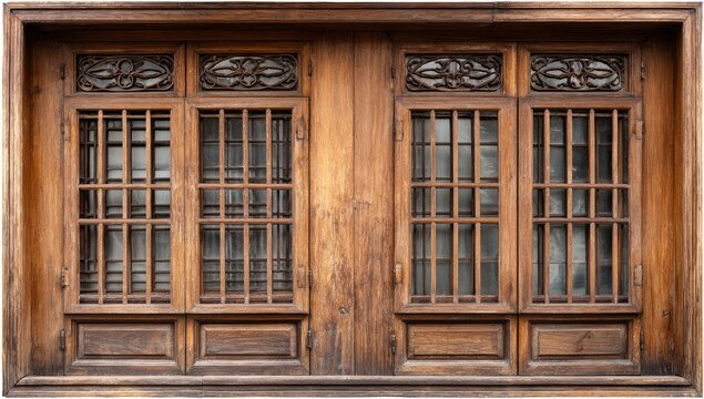 A weathered, ornate wooden window with symmetrical panels, carved details, and vertical bars