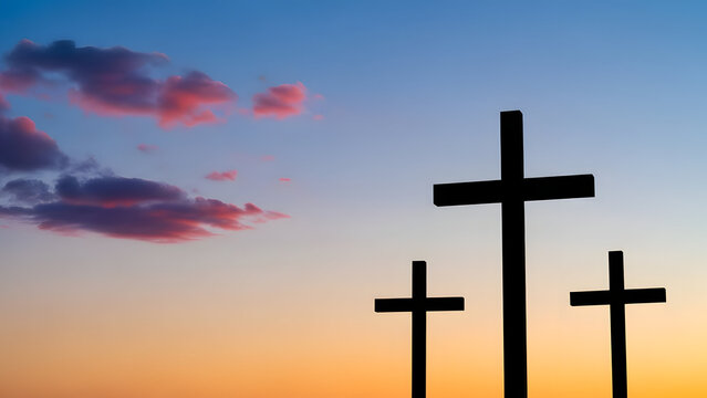 Three crosses on a hill at sunset