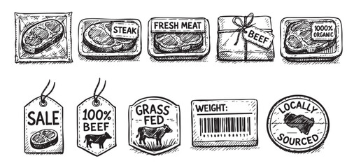 Vector illustration shows hand drawn style various cuts of beef meat in packaging with labels like grass fed or organic for butcher shop marketing materials.