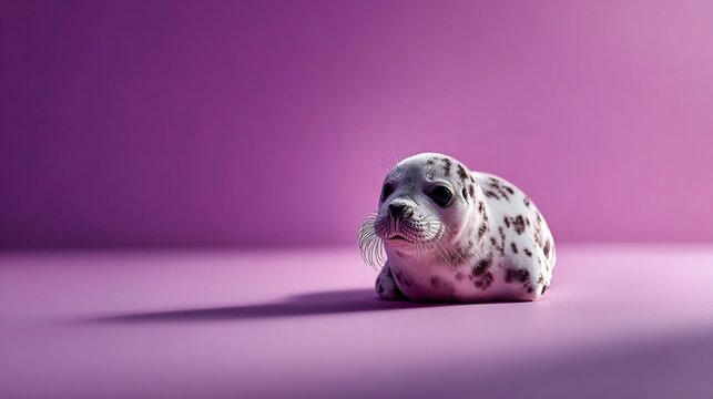 A small seal is laying on a pink background