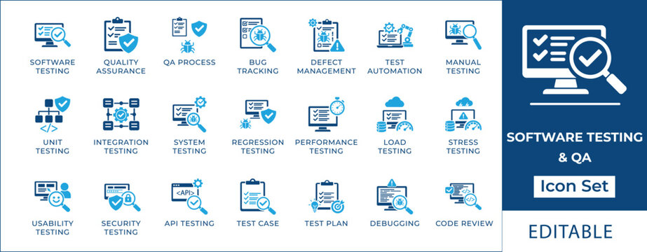 Software testing and quality assurance icon set featuring bug tracking, test automation, manual testing, API testing, security audit, code review, and QA process symbols.