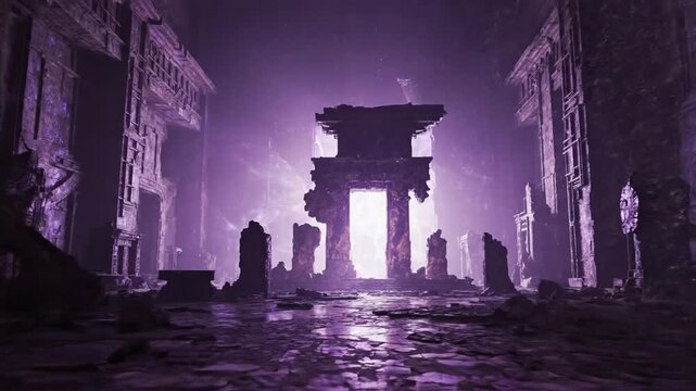 Ancient ruins chamber bathed in violet glow revealing cracked stonework and surreal energy