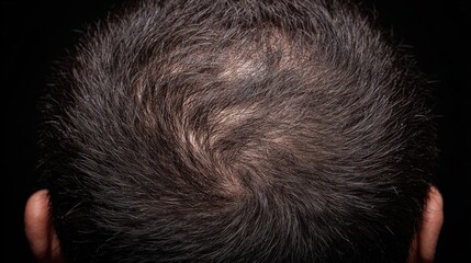 Close view of thinning dark hair on the crown of a human head against a dark background