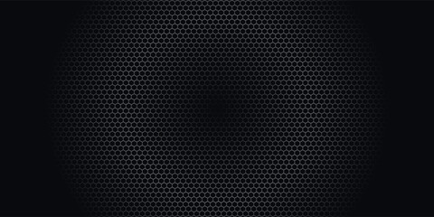 Obraz premium Dark grey abstract wide horizontal banner with hexagon carbon fiber grid and orange luminous lines. Technology vector background with orange neon lines