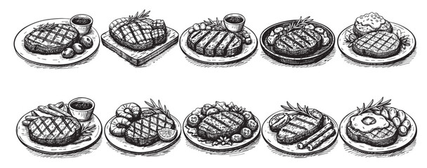 Hand-drawn black and white illustrations of various steak dishes served on plates with sides, providing a vintage, sketched look perfect for menus or food blogs.