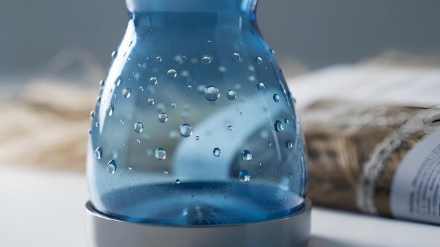 Water Droplets Forming on Blue Glass Bottle in Close-Up