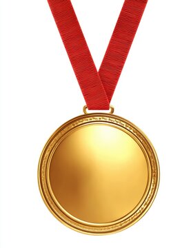 A gleaming gold medal hangs from a vibrant red ribbon on a white backdrop