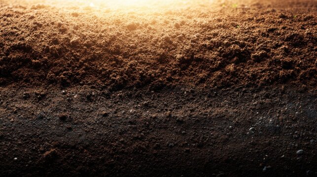 Sunlit soil cross section background with fertile topsoil and earth texture, agriculture and gardening concept