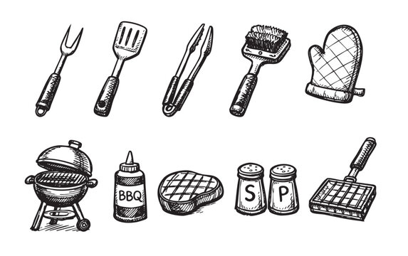 Set of hand drawn BBQ grill tools and food in sketch style, including a grill, utensils, sauce, steak, spices, and oven mitt. Isolated on a white background.