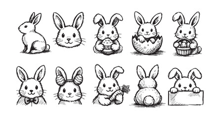 Obraz premium A collection of ten adorable hand-drawn Easter bunny sketches in black and white, perfect for holiday cards, invitations, and festive designs.