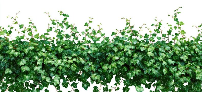A dense, lush green vine with heart-shaped leaves cascading downwards on a white background