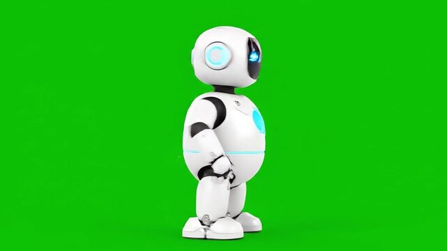 A humanoid robot stands on a green screen, showcasing futuristic technology in a studio setting from a side viewpoint.