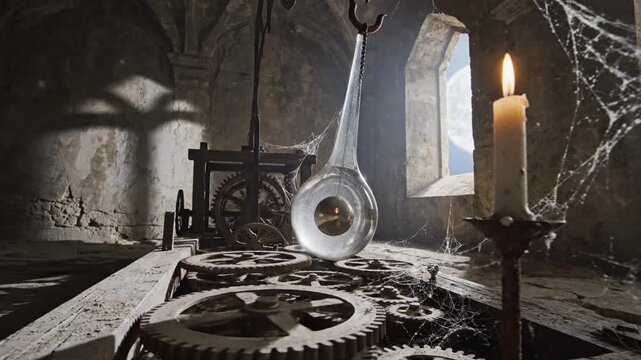 Ancient workshop gears and cobwebs in a dim candlelit chamber