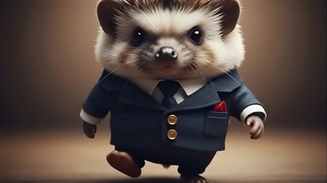 Hedgehog in Suit Walking Towards Camera.