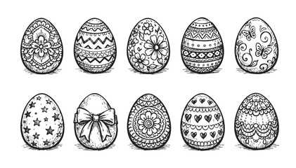 Hand-drawn collection of Easter eggs adorned with doodles, including flowers, butterflies, stars, and hearts, perfect for holiday-themed designs.
