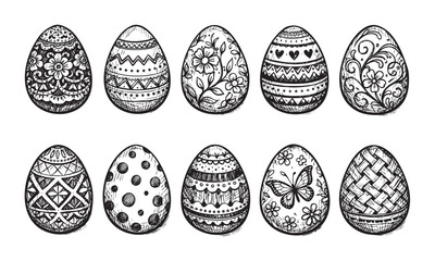 A collection of ten intricately decorated Easter eggs in hand-drawn line art style, perfect for holiday themes and festive designs.