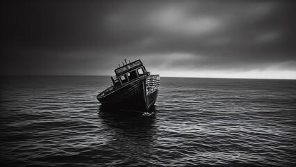 Obraz premium Sunken boat in ocean under cloudy sky