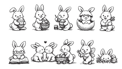 Obraz premium Charming black and white illustration showcasing a collection of Easter bunnies in various poses and activities, including painting eggs, hatching, reading, and carrying flowers.