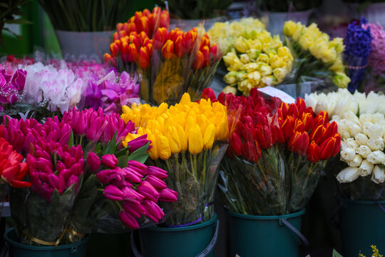 Details with flowers for sale in a street shop in Bucharest, Romania
