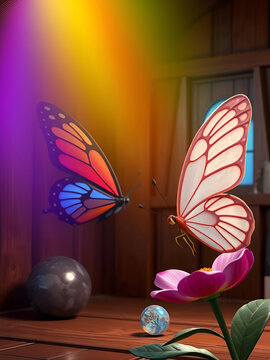A butterfly, a marble and a rainbow in a cabin