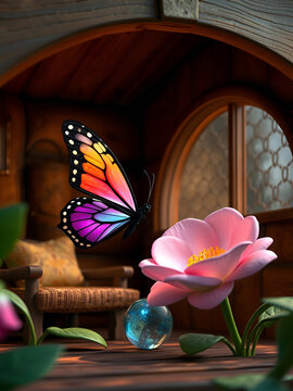 A butterfly, a marble and a rainbow in a cabin