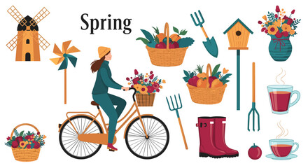 Naklejka premium Collection of charming spring season vector elements including a woman on a bicycle, gardening tools, a windmill, and fruit baskets.