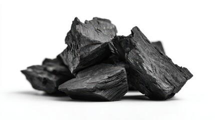 Obraz premium The Charcoal Pieces on White Background Dramatic Still Life Texture and Contrast Study