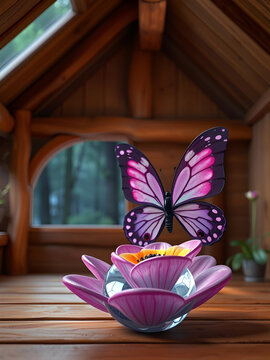 A butterfly, a marble and a rainbow in a cabin
