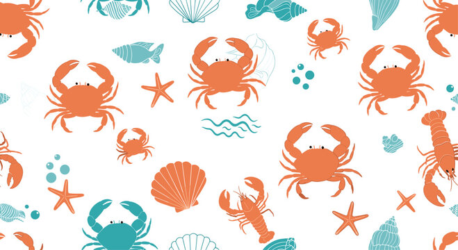 Seamless nautical pattern featuring a playful arrangement of crabs, lobsters, and starfish in a textured, two-color design.