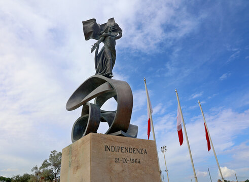 VALLETTA MALTA: The statue of Independence Monument is made of bronze along with marble, stands 8.5 metres high and was built to be the tallest statue-based monument in Malta.