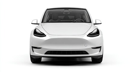 Front-facing, white, electric crossover SUV, clean lines, minimalist design, on white background