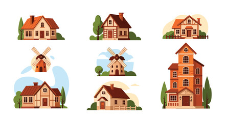 Fototapeta premium Collection of eight charming vector illustrations of various rustic and European-style country houses, cottages, and windmills.