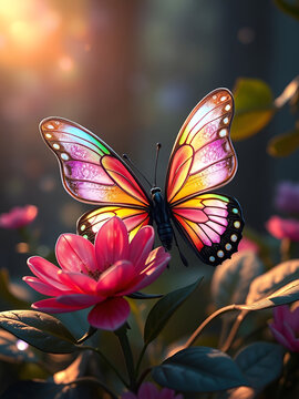 A crystal butterfly, a flower, a marble and a rainbow
