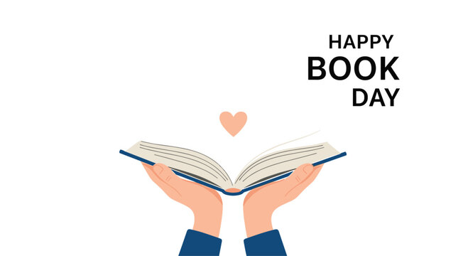 Simple and heartfelt 'Happy Book Day' design featuring two hands gently holding an open book with a small heart floating above.