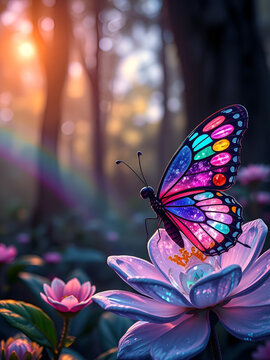 A crystal butterfly, a flower, a marble and a rainbow