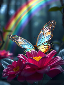 A crystal butterfly, a flower, a marble and a rainbow