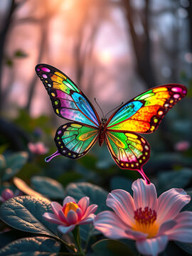 A crystal butterfly, a flower, a marble and a rainbow