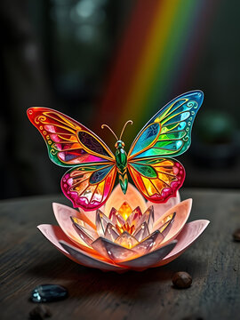 A crystal butterfly, a flower, a marble and a rainbow
