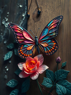 A crystal butterfly, a flower, a marble and a rainbow