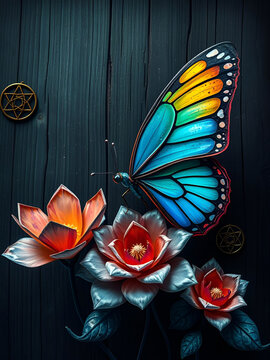 A crystal butterfly, a flower, a marble and a rainbow