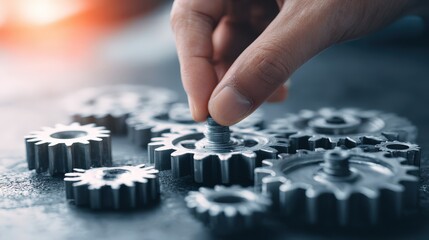 Human hand carefully positions a small metallic cog into a complex mechanical arrangement.