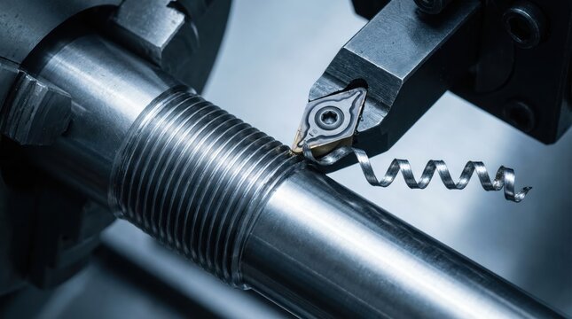 Close-up of metal lathe machining thread on steel rod with precision cutting tool in industrial workshop setting