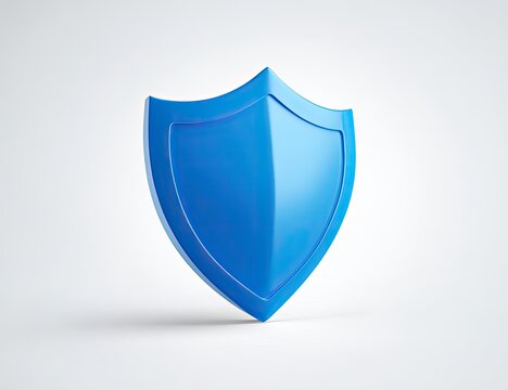 A shiny, blue, three-dimensional shield on a white background