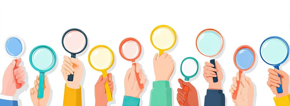 Illustration of multiple hands holding colorful magnifying glasses against a white backdrop