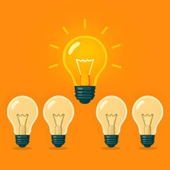 Innovation background with glowing central light bulb among unlit bulbs
