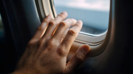 A close up view of a hand resting on an airplane window looking out at the sky during a peaceful flight