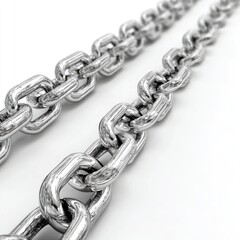 Obraz premium Two gleaming, metallic chains, one in focus, on a white surface, creating a diagonal perspective