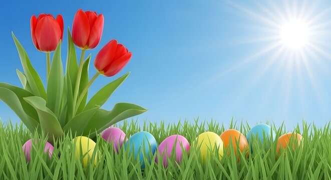Vibrant easter scene with tulips and colorful eggs in sunny grass