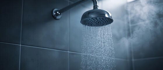 Naklejka premium The showerhead releasing warm steam and water droplets in a modern tiled bathroom