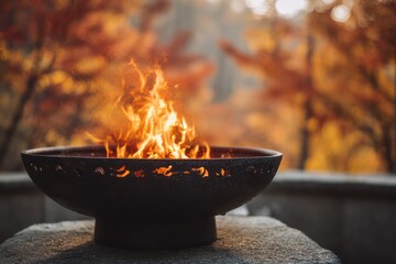 Intense fire flames in metal outdoor bowl